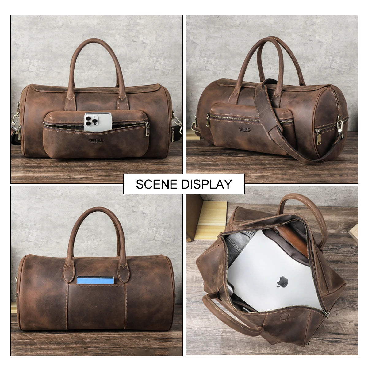 Men's Crazy Horse Leather Tote Bag – Large Travel Crossbody