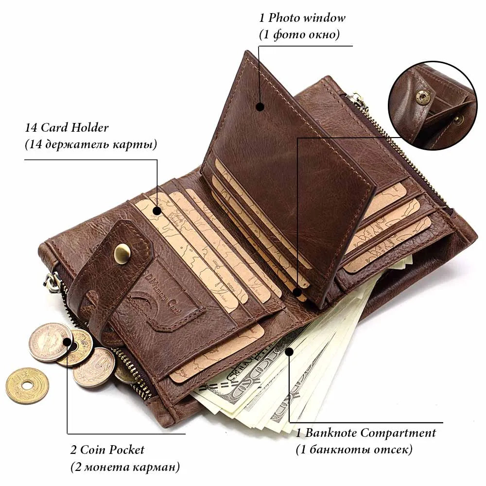 RFID Leather Bifold Wallet — Zip Coin Pocket for Men & Women