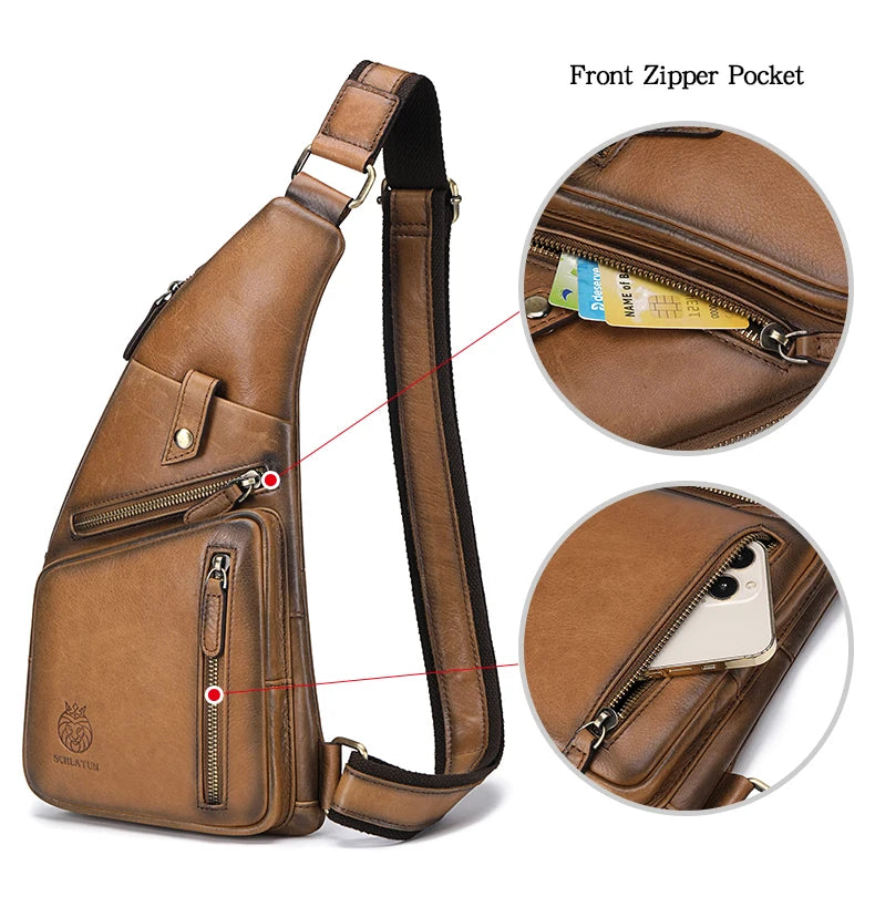 Genuine Leather Crossbody Chest Bag — Vintage Multifunction Travel Sling