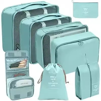 8-Piece Waterproof Travel Packing Cubes Set – Luggage Organiser with Drawstring Pouches