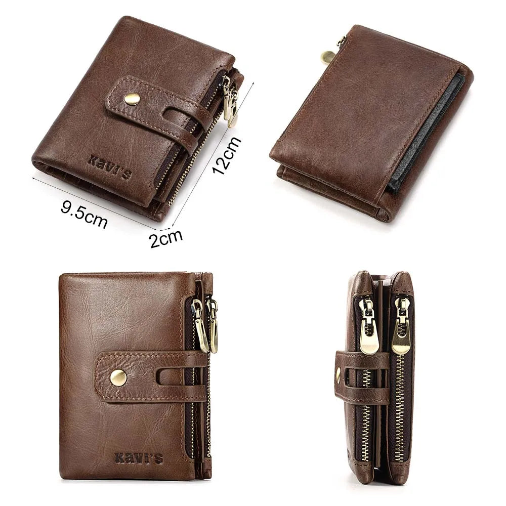 RFID Leather Bifold Wallet — Zip Coin Pocket for Men & Women
