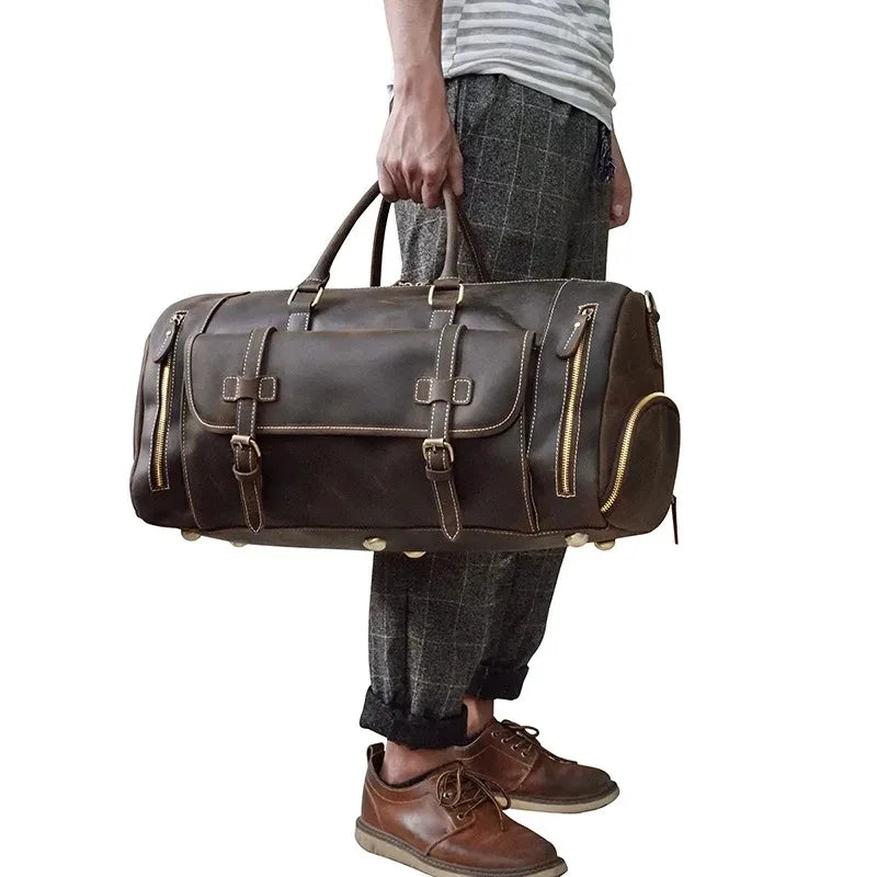 Crazy Horse Leather Travel Bag with Shoe Compartment