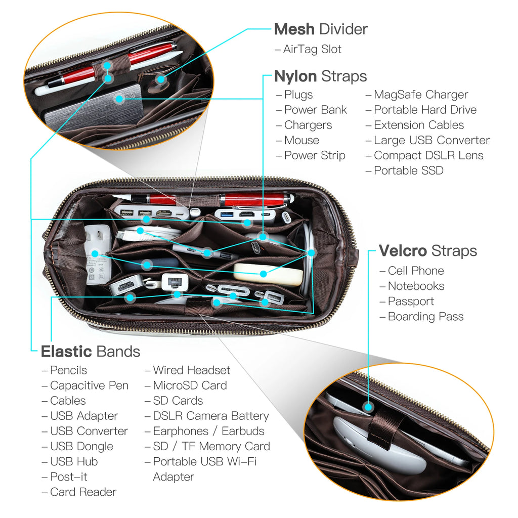 Northbound Travel Tech Clutch — Genuine Leather Cable & Accessory Organiser