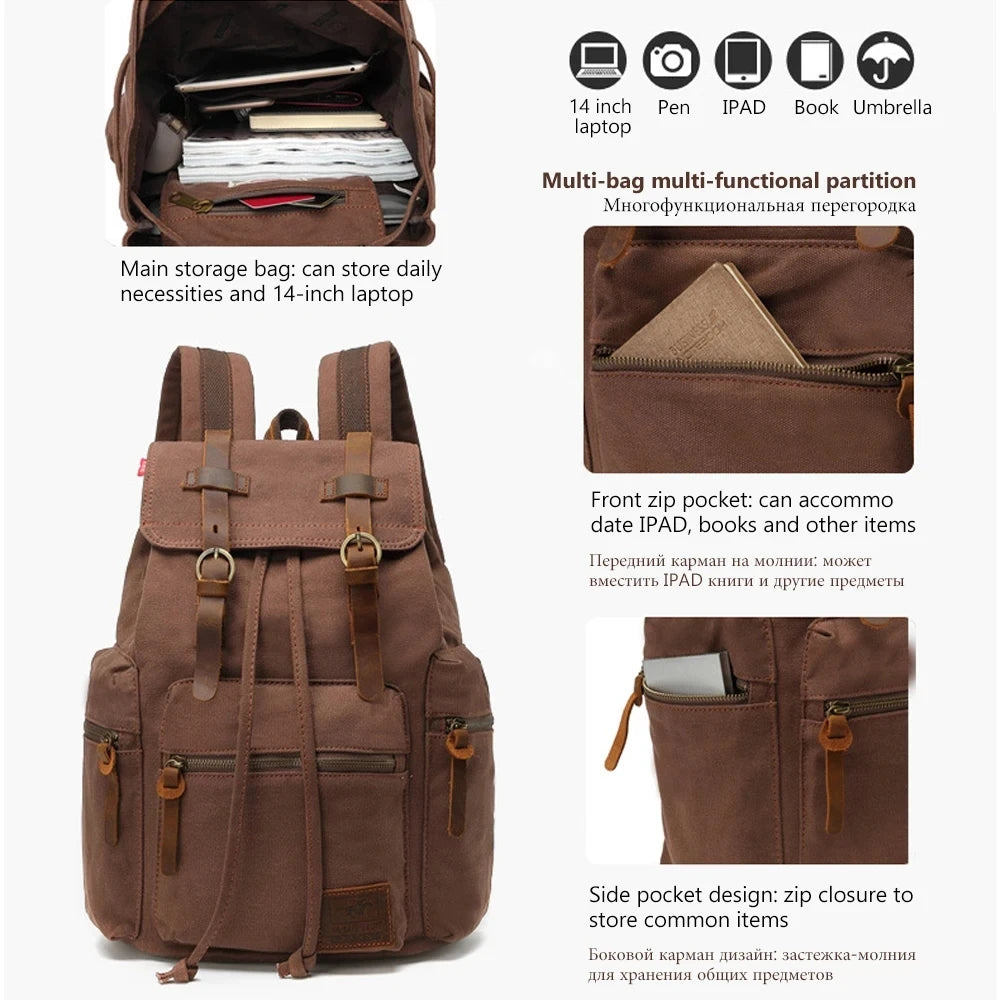 Retro Canvas Laptop Backpack — Vintage 36–55L Travel Rucksack