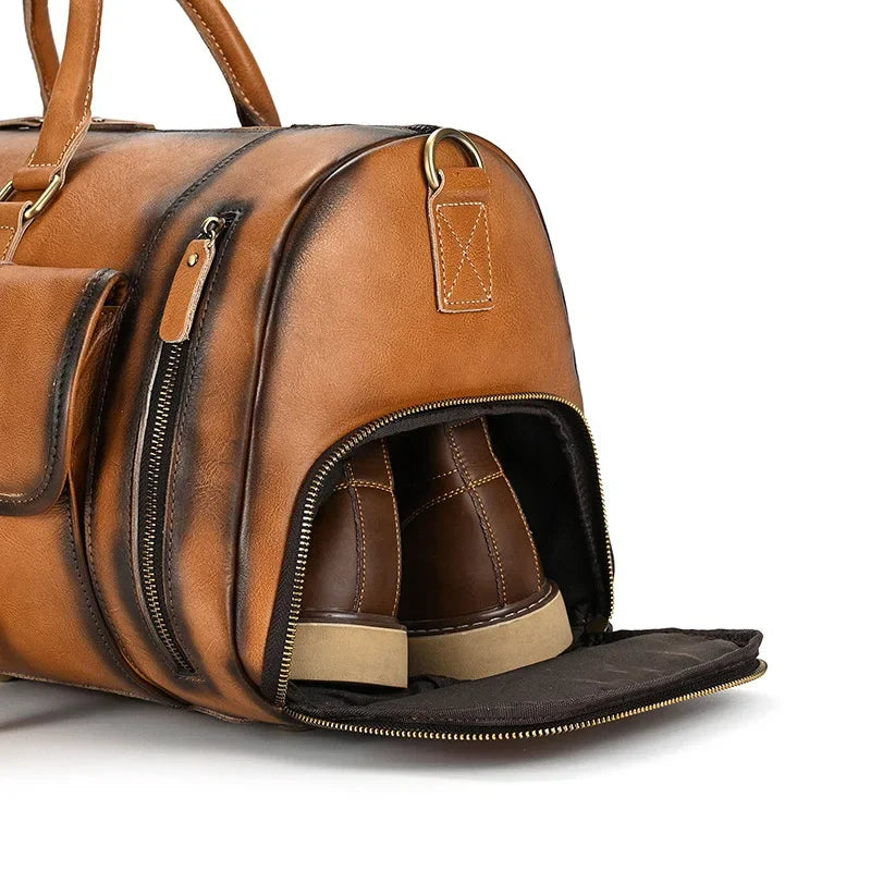 Crazy Horse Leather Travel Bag with Shoe Compartment