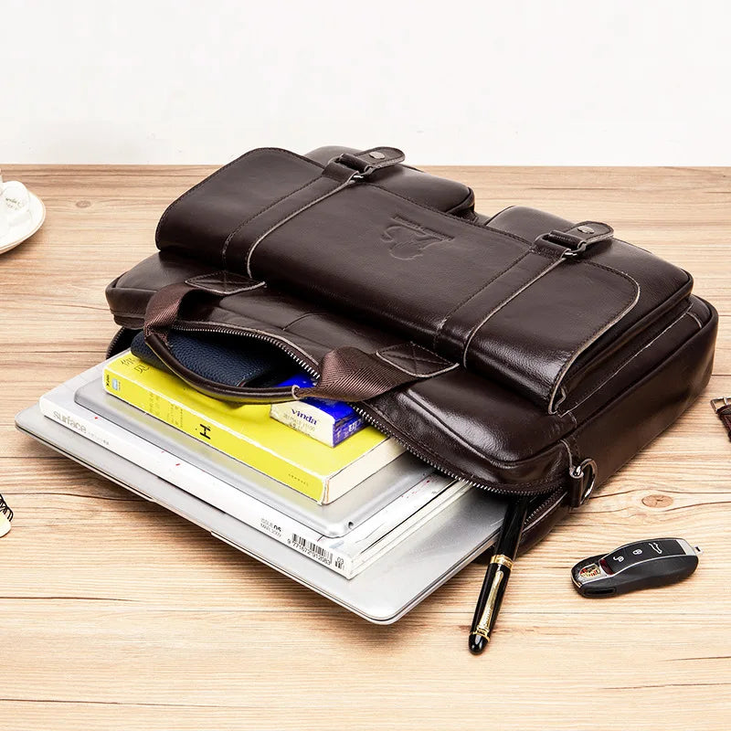 Genuine Leather Briefcase – 14" Laptop Crossbody Messenger Bag