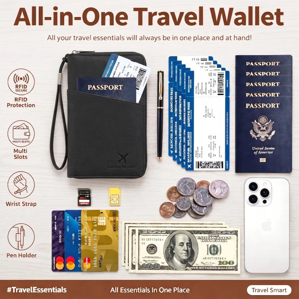 RFID Family Passport Wallet — Leather Travel Organiser with Wrist Strap