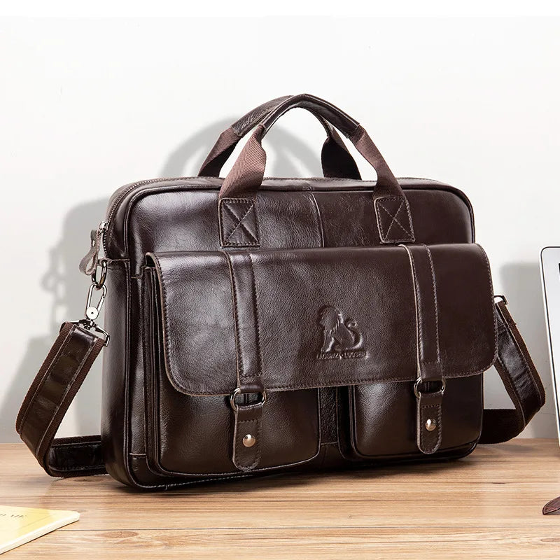 Genuine Leather Briefcase – 14" Laptop Crossbody Messenger Bag