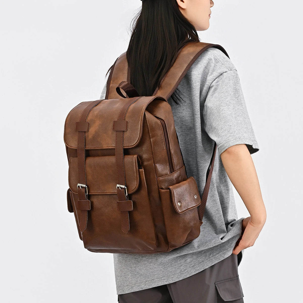 Retro PU Leather Laptop Backpack — Large Capacity Campus & Travel Rucksack