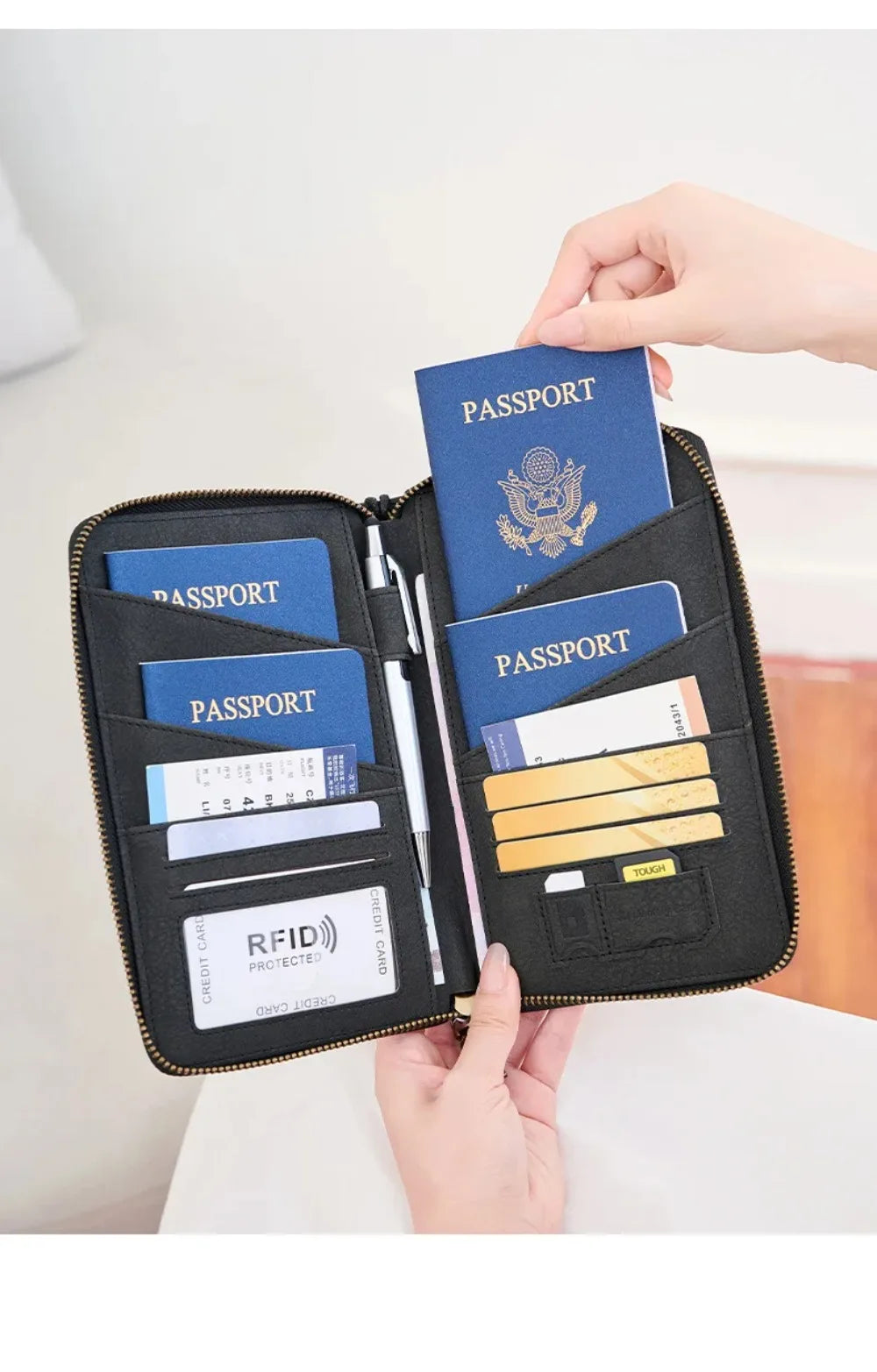 Multi-Function RFID Blocking Passport Wallet with Wrist Strap