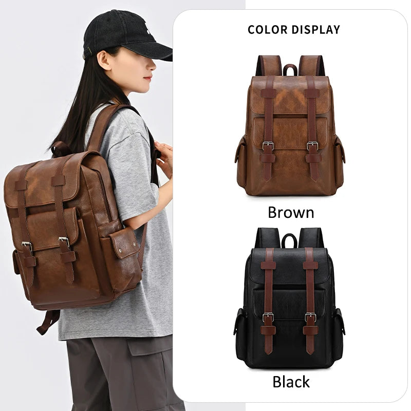 Retro PU Leather Laptop Backpack — Large Capacity Campus & Travel Rucksack
