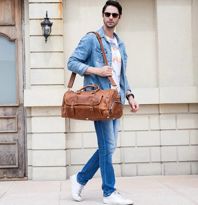Crazy Horse Leather Travel Bag with Shoe Compartment