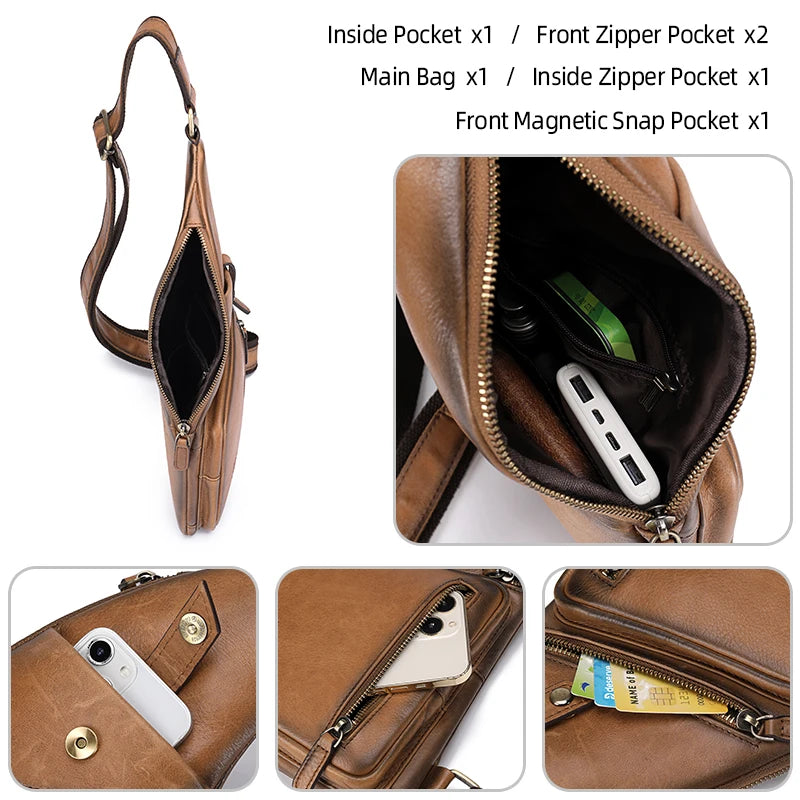 Genuine Leather Crossbody Chest Bag — Vintage Multifunction Travel Sling