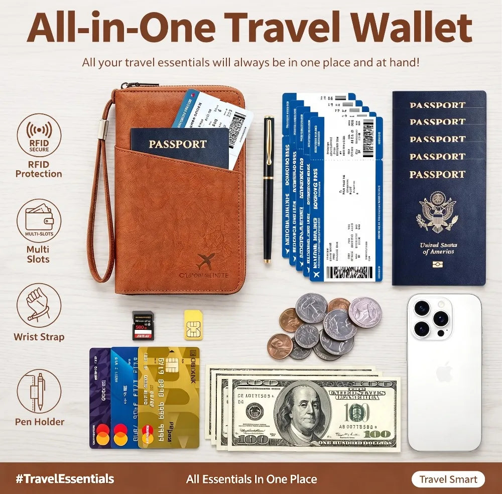 Multi-Function RFID Blocking Passport Wallet with Wrist Strap