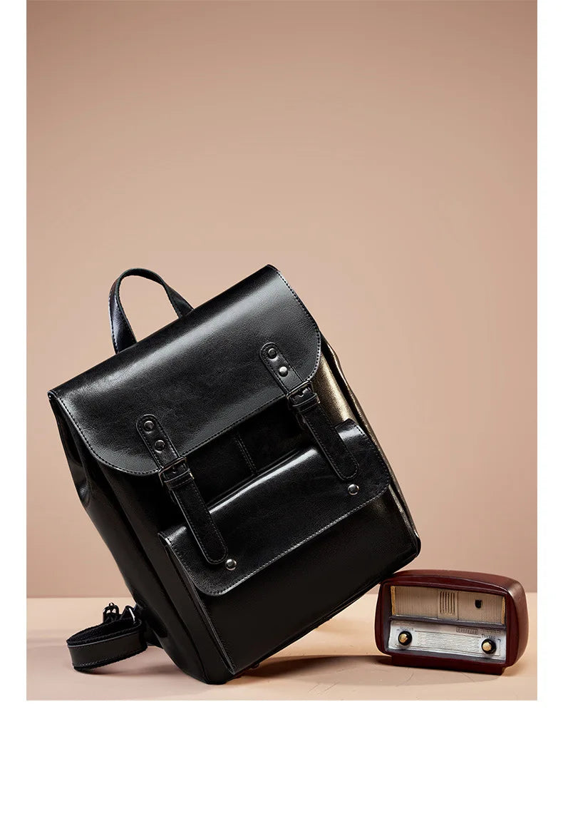 Women Genuine Leather Backpack Durable Cowhide Laptop Bag 14 Inch Multiple Pocket British Vintage College Style Unisex Rucksack
