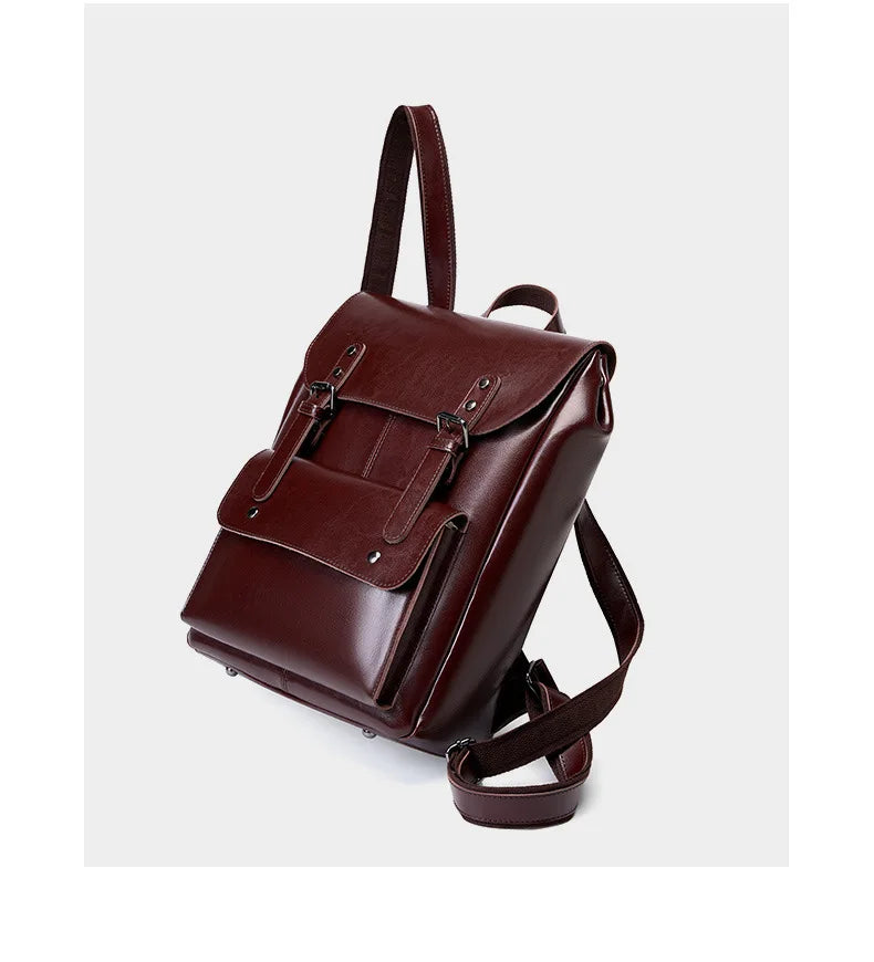 Women Genuine Leather Backpack Durable Cowhide Laptop Bag 14 Inch Multiple Pocket British Vintage College Style Unisex Rucksack