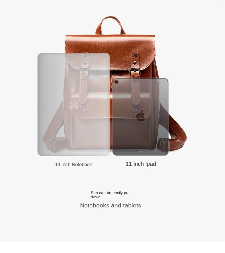 Women Genuine Leather Backpack Durable Cowhide Laptop Bag 14 Inch Multiple Pocket British Vintage College Style Unisex Rucksack
