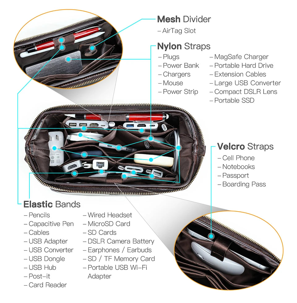 Northbound Travel Tech Clutch — Genuine Leather Cable & Accessory Organiser