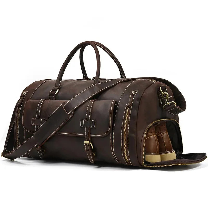 Crazy Horse Leather Travel Bag with Shoe Compartment