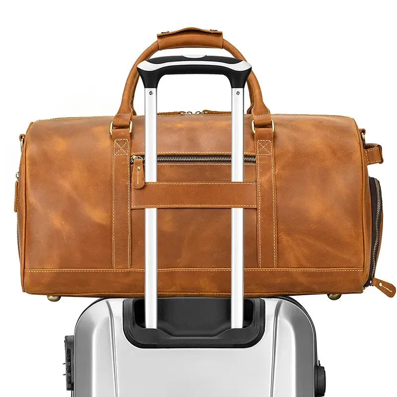 Crazy Horse Leather Travel Bag with Shoe Compartment