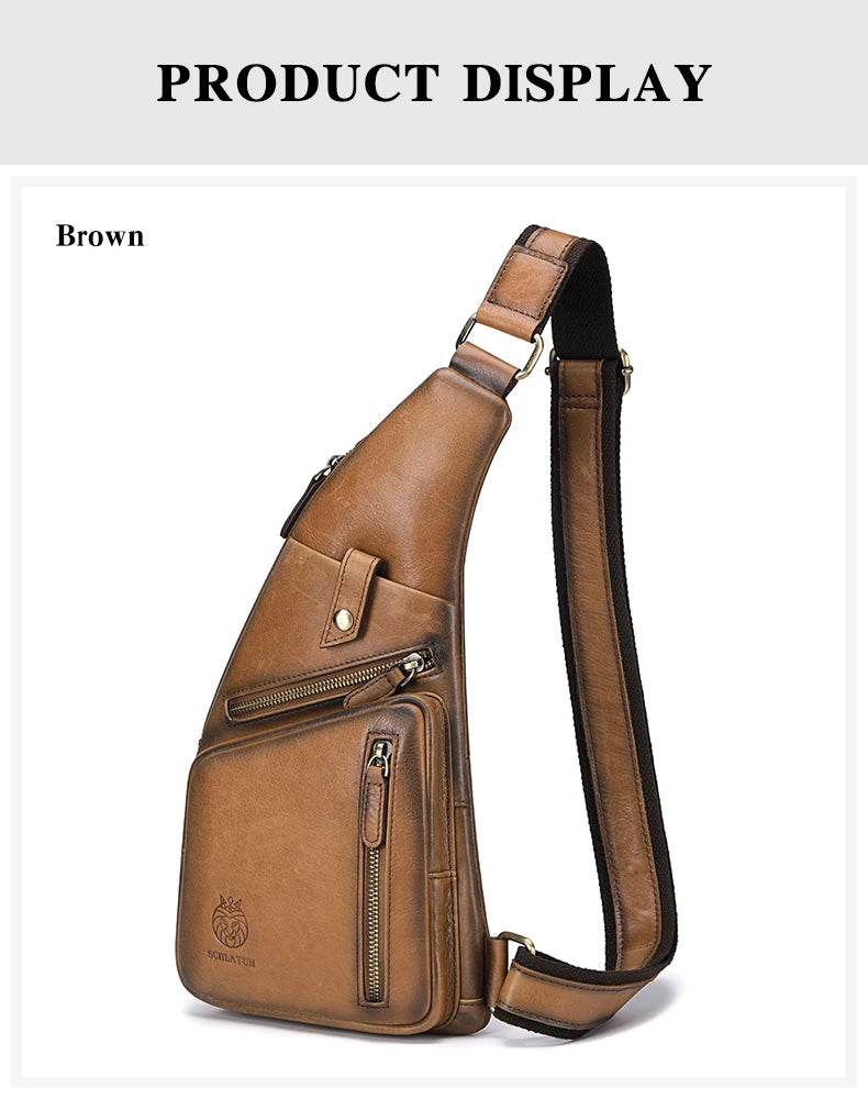 Genuine Leather Crossbody Chest Bag — Vintage Multifunction Travel Sling