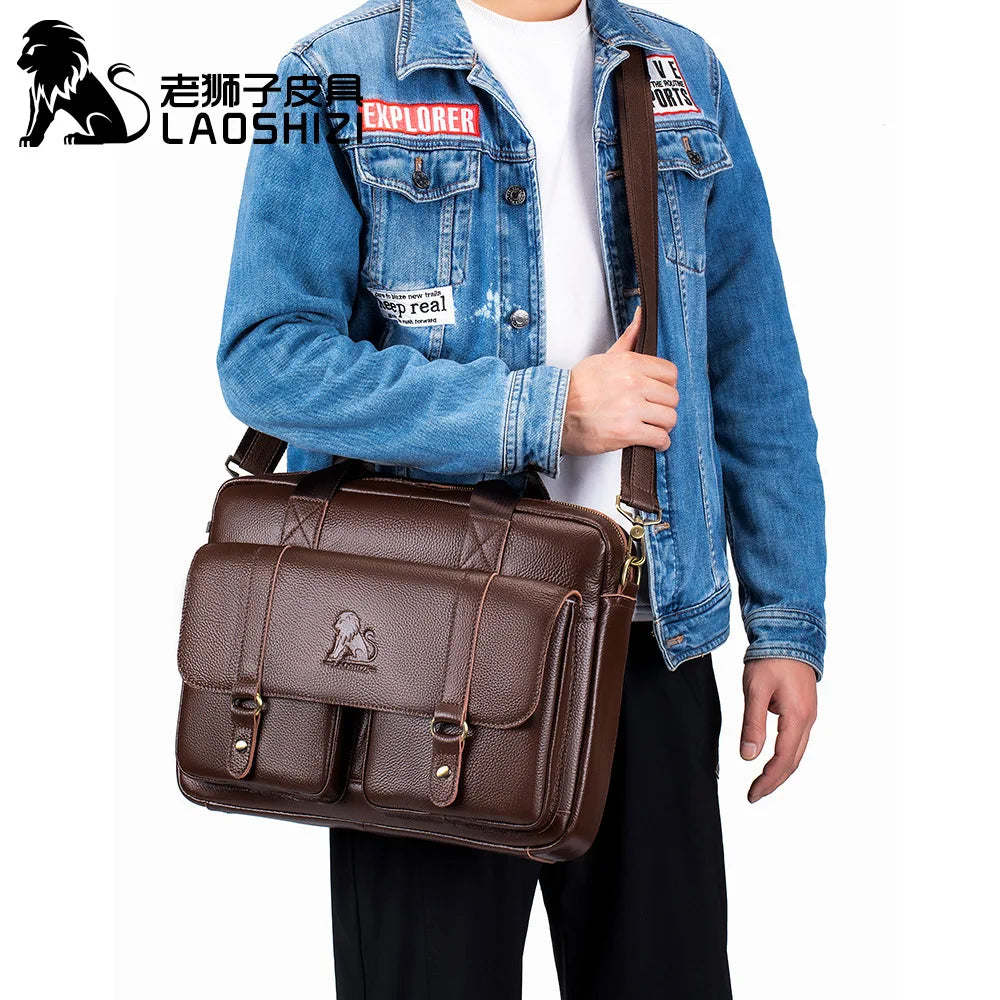 Genuine Leather Briefcase – 14" Laptop Crossbody Messenger Bag