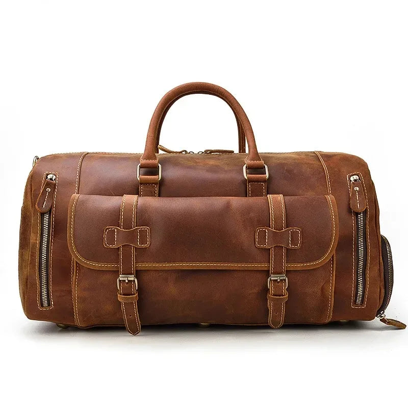 Crazy Horse Leather Travel Bag with Shoe Compartment