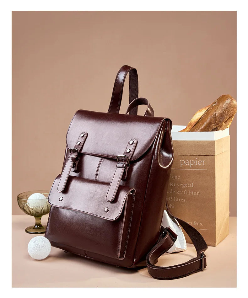 Women Genuine Leather Backpack Durable Cowhide Laptop Bag 14 Inch Multiple Pocket British Vintage College Style Unisex Rucksack