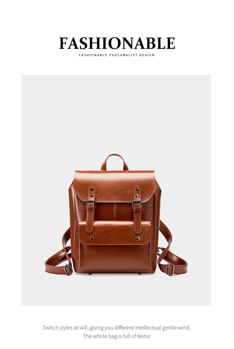 Women Genuine Leather Backpack Durable Cowhide Laptop Bag 14 Inch Multiple Pocket British Vintage College Style Unisex Rucksack