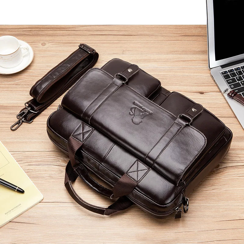 Genuine Leather Briefcase – 14" Laptop Crossbody Messenger Bag