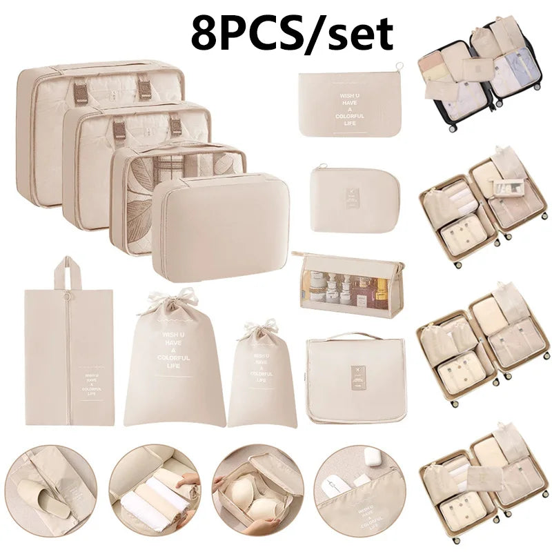 8-Piece Waterproof Travel Packing Cubes Set – Luggage Organiser with Drawstring Pouches