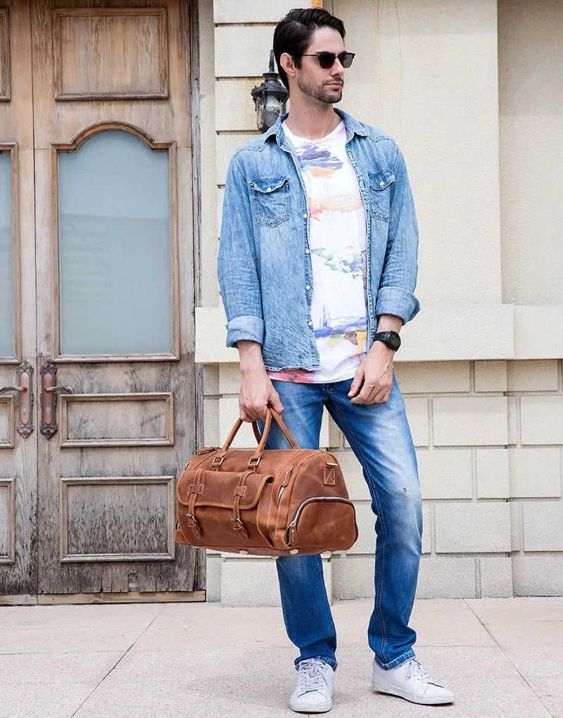 Crazy Horse Leather Travel Bag with Shoe Compartment