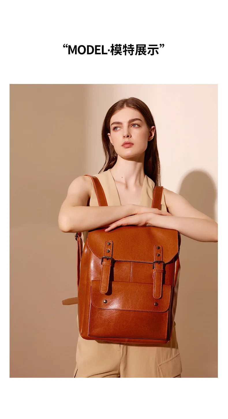 Women Genuine Leather Backpack Durable Cowhide Laptop Bag 14 Inch Multiple Pocket British Vintage College Style Unisex Rucksack