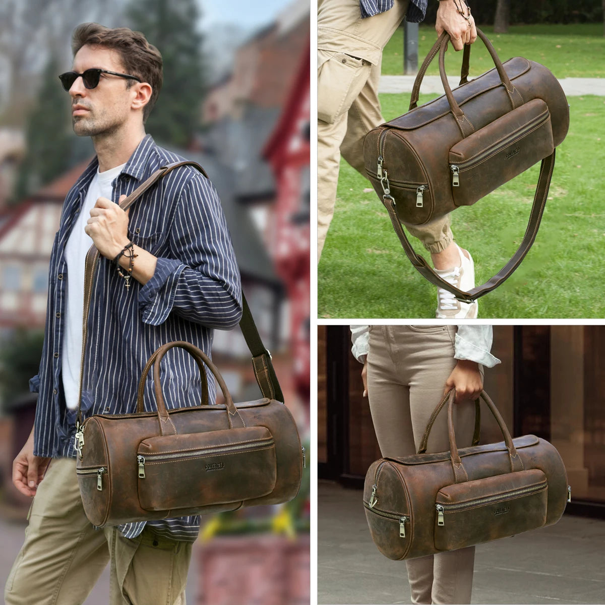 Men's Crazy Horse Leather Tote Bag – Large Travel Crossbody