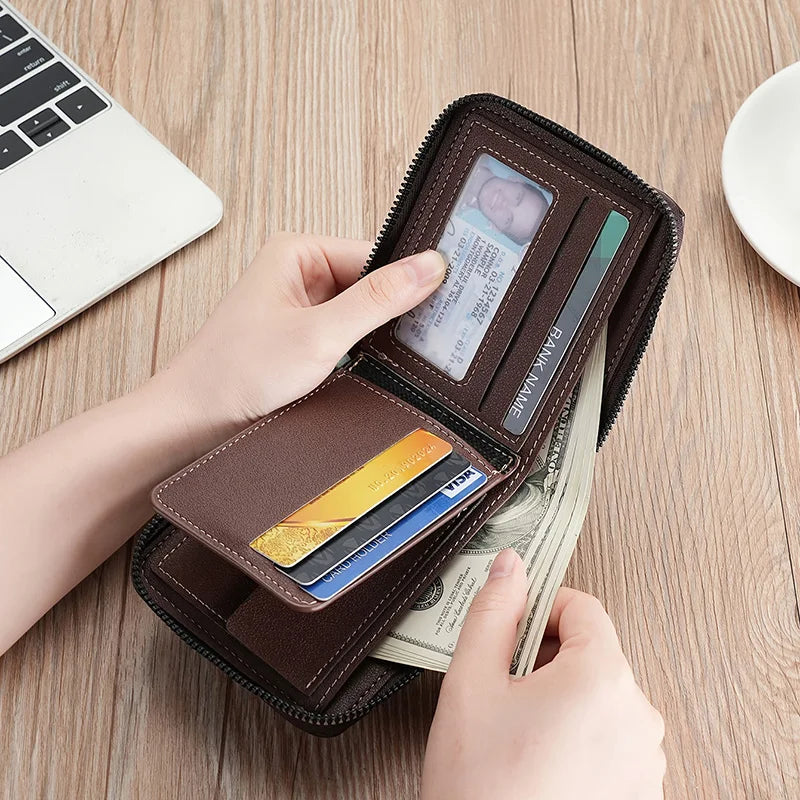 RFID Leather Men's Wallet — Zip Coin Pocket & Card Holder