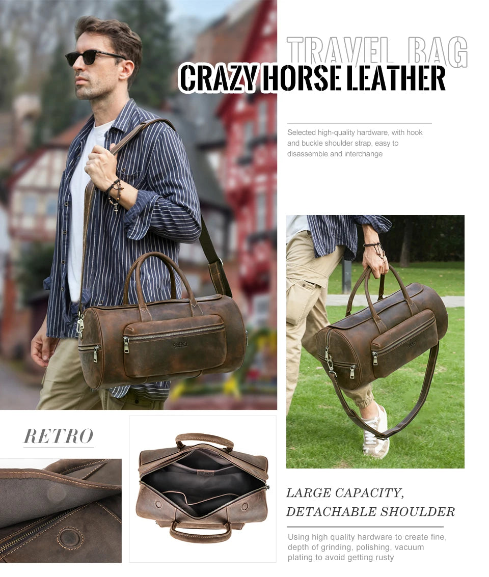 Men's Crazy Horse Leather Tote Bag – Large Travel Crossbody