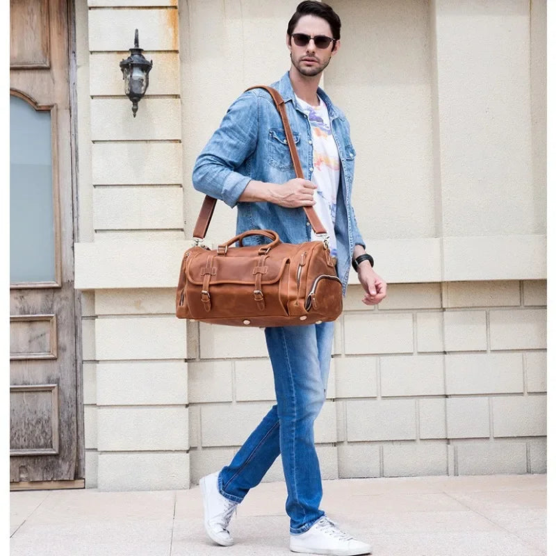 Crazy Horse Leather Travel Bag with Shoe Compartment