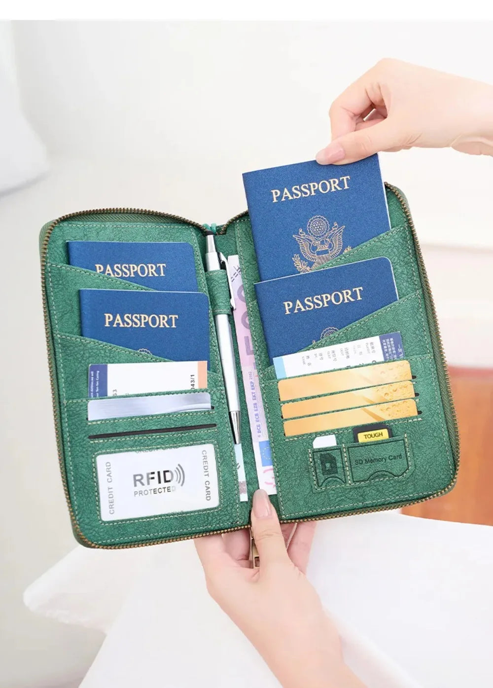 RFID Family Passport Wallet — Leather Travel Organiser with Wrist Strap