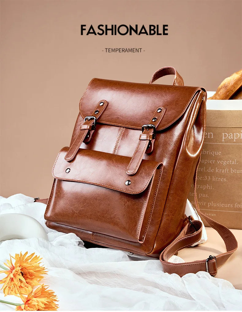 Women Genuine Leather Backpack Durable Cowhide Laptop Bag 14 Inch Multiple Pocket British Vintage College Style Unisex Rucksack