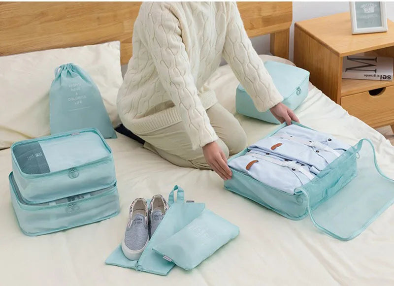 8-Piece Waterproof Travel Packing Cubes Set – Luggage Organiser with Drawstring Pouches