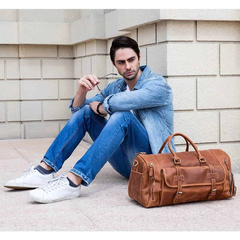 Crazy Horse Leather Travel Bag with Shoe Compartment