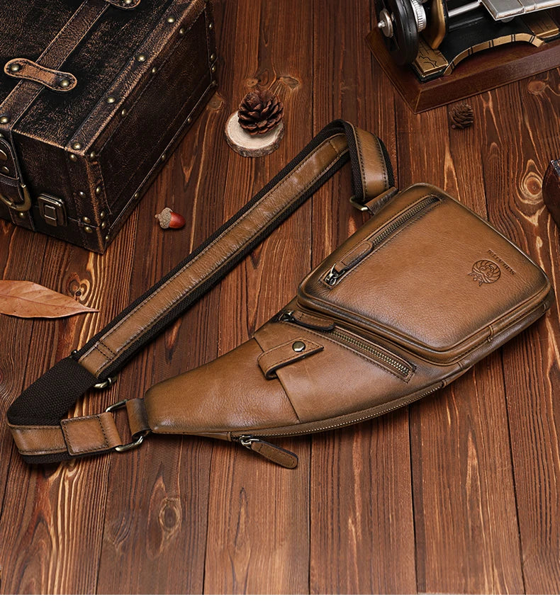 Genuine Leather Crossbody Chest Bag — Vintage Multifunction Travel Sling