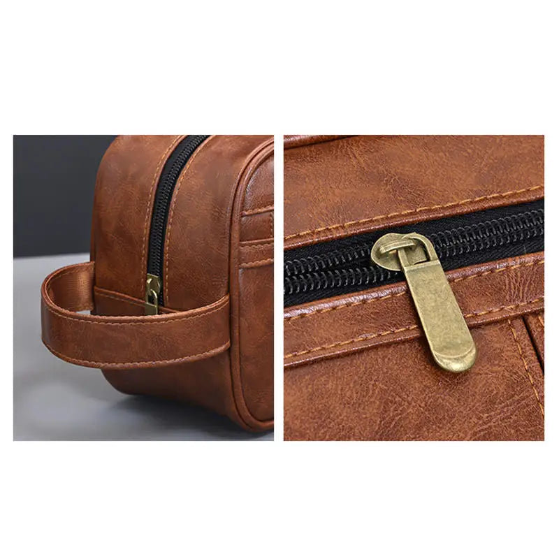 Vintage Leather Wash Bag — Large Capacity Travel Toiletry Pouch