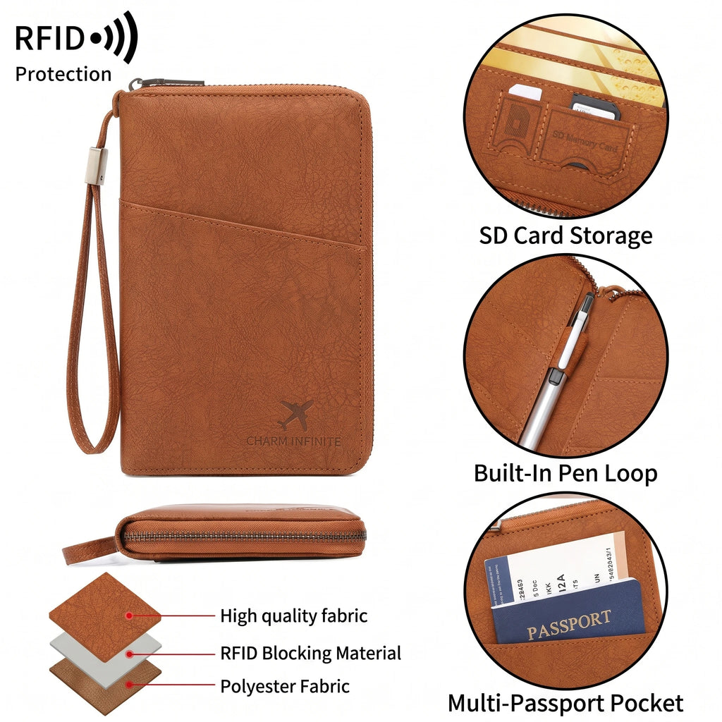 Multi-Function RFID Blocking Passport Wallet with Wrist Strap