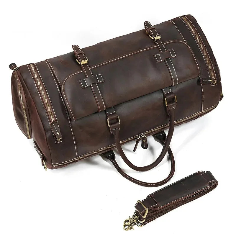Crazy Horse Leather Travel Bag with Shoe Compartment