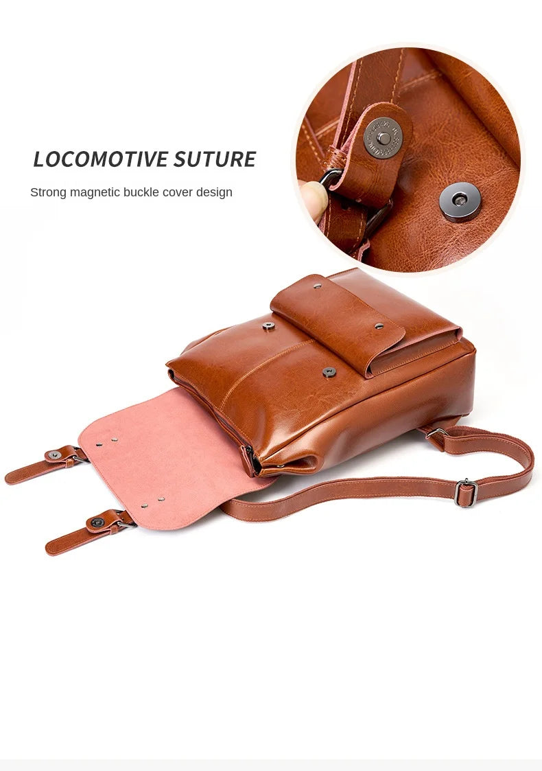 Women Genuine Leather Backpack Durable Cowhide Laptop Bag 14 Inch Multiple Pocket British Vintage College Style Unisex Rucksack