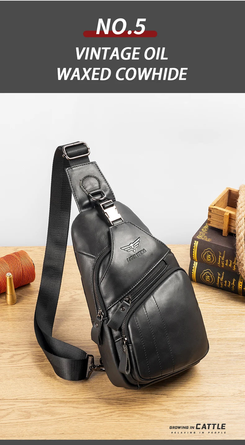 Genuine Leather Chest Bag — Anti-Theft Retro Crossbody Sling