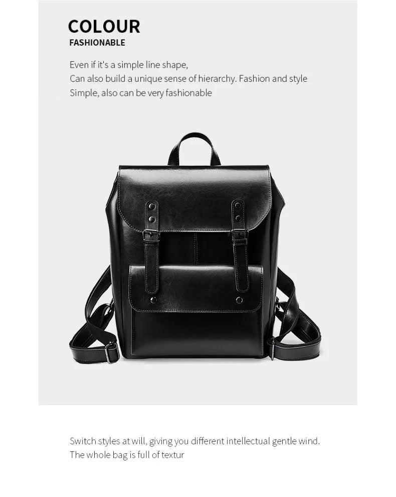 Women Genuine Leather Backpack Durable Cowhide Laptop Bag 14 Inch Multiple Pocket British Vintage College Style Unisex Rucksack
