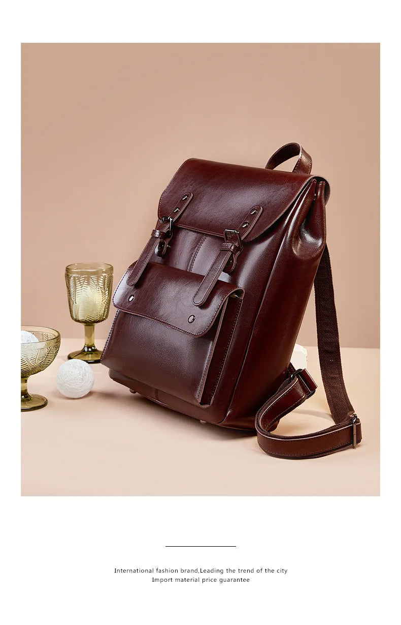 Women Genuine Leather Backpack Durable Cowhide Laptop Bag 14 Inch Multiple Pocket British Vintage College Style Unisex Rucksack