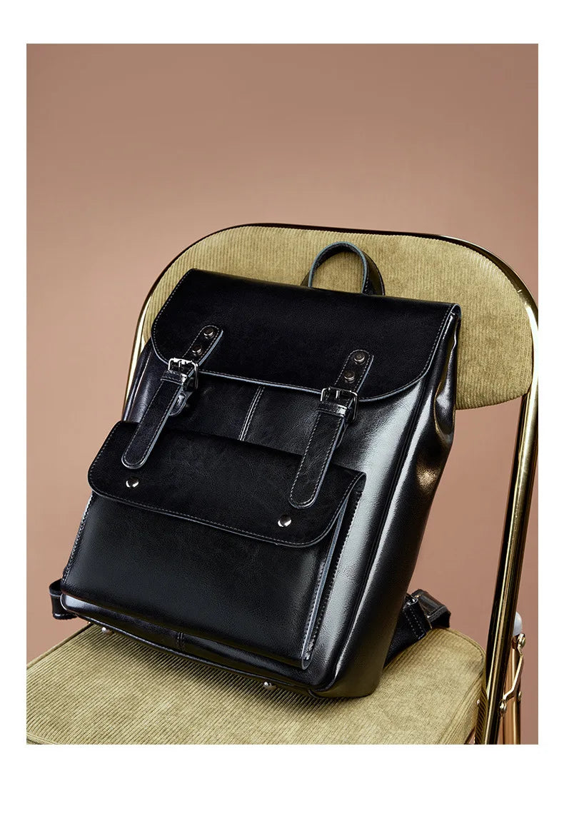 Women Genuine Leather Backpack Durable Cowhide Laptop Bag 14 Inch Multiple Pocket British Vintage College Style Unisex Rucksack